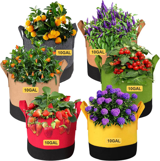 Grow Bags 10 Gallon,6 Pack Fabric Plant Pots with Handles Planter Bag for Outdoor Garden Planting Vegetables Flowers Fruit