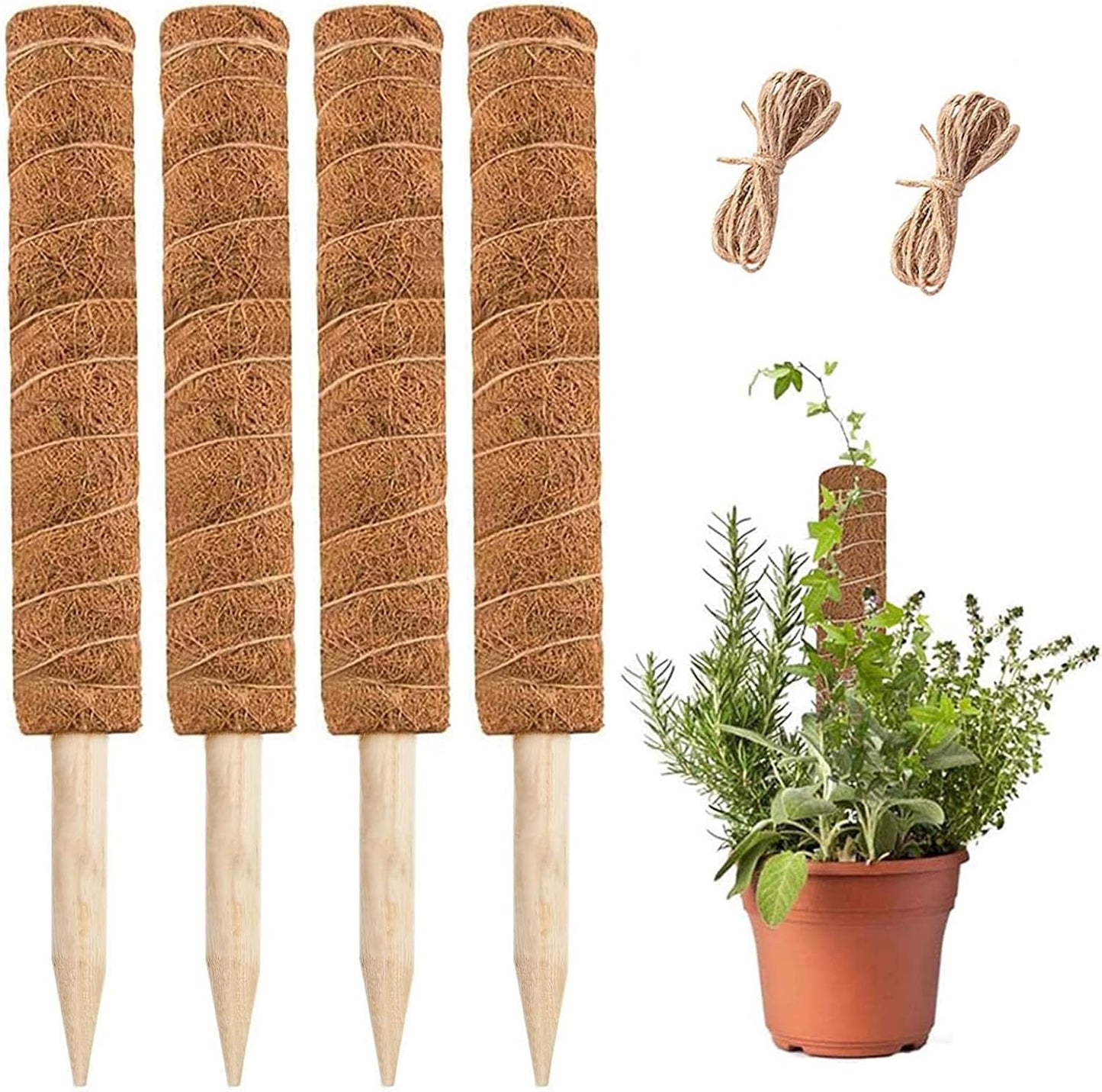 YEAJON 4 Pcs 15.7 Inch Coir Moss Totem Pole Monstera Plant Support with 2 Pcs 32.8ft Jute Rope, Plant Stakes for Indoor Plants Climbing, Support Extension(4 Packs 15.7 Inch)