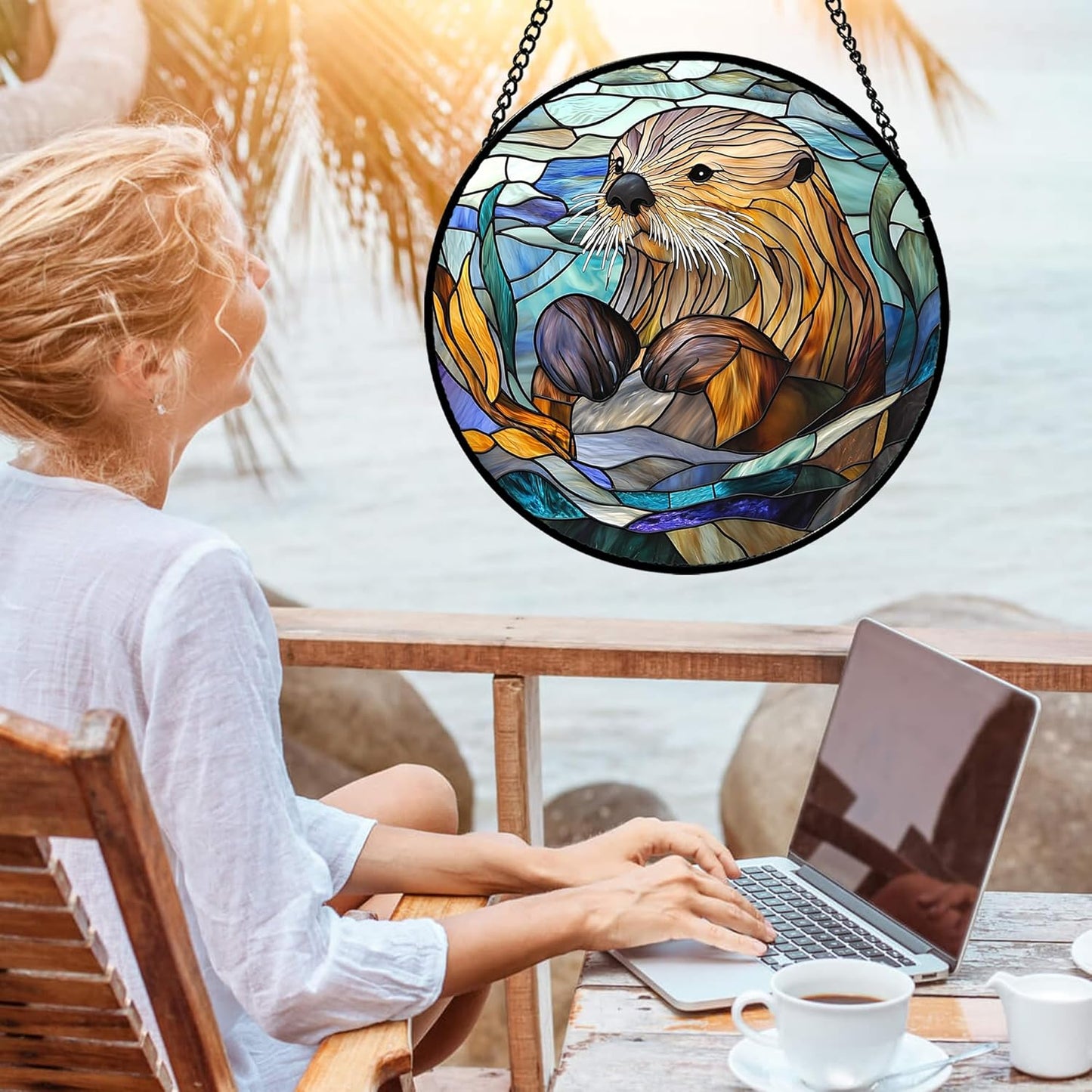 Stained Glass Suncatcher, Blue Ocean Cute Sea Otter Sun Catcher Stain Glass Window Hanging Decoration Mother's Day Birthday Gifts for Women Men Mom Nana 6.3 in