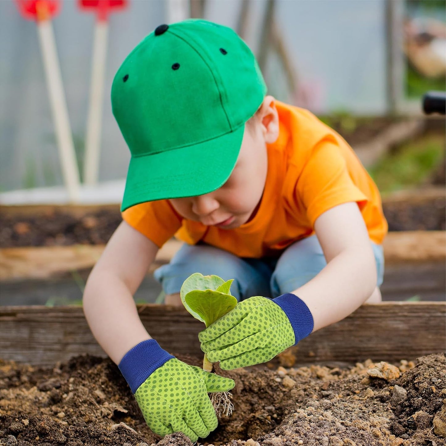 HANDLANDY 4 Pairs Kids Gardening Gloves, Girls Boys Children Garden Work Play Gloves (Green Dot, Medium)