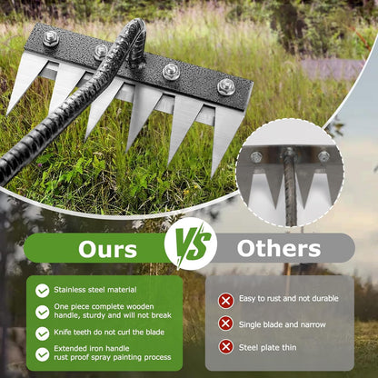 Gardenia Iron Weeding Rake, 2.0 Iron Weeding Rake with Long Handle, 6 Teeth Heavy Duty Puller Tools for Gardening, Weedings ,Lawn