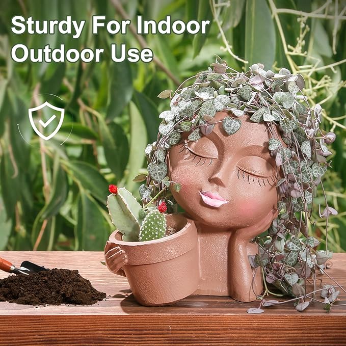 Face Planter Pots Head Planters for Indoor Outdoor Plants - Double Plant Pots for Flower Succulent with Drainage Holes - Ideal Present Ideas(Black Lady)