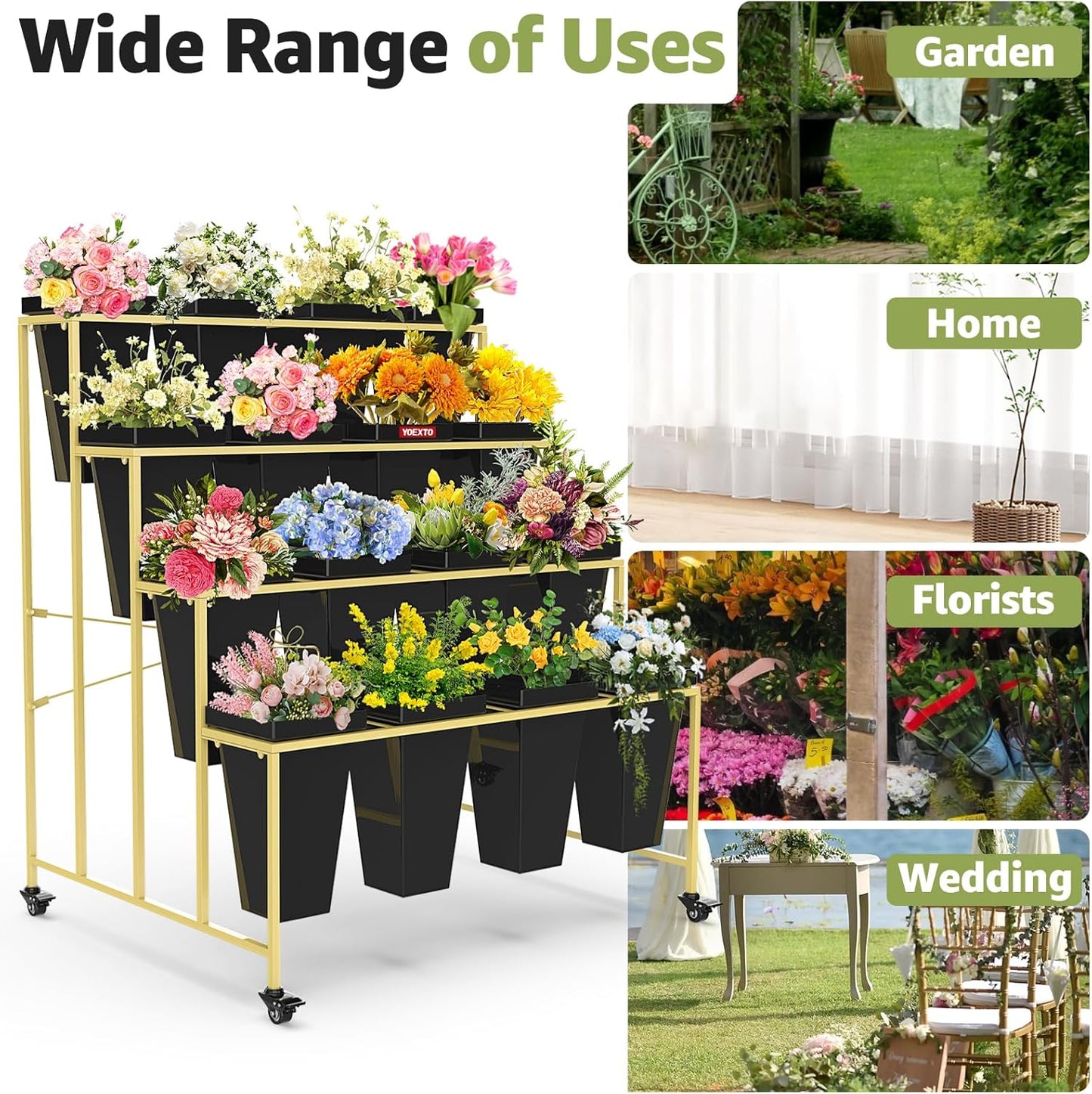 4 Layers Flower Display Stand with Buckets, 16 PCS Buckets Plant Stand with Wheels, Movable Metal Plant Stand for Terrace Garden, Living Room, Florist Shop