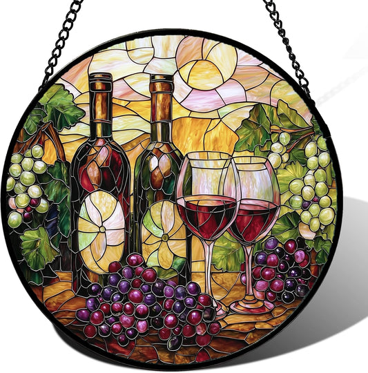 Stained Glass Window Hanging, Grapes and Wine Suncatcher Diamond Glass Panel Hangings Sun Catchers
