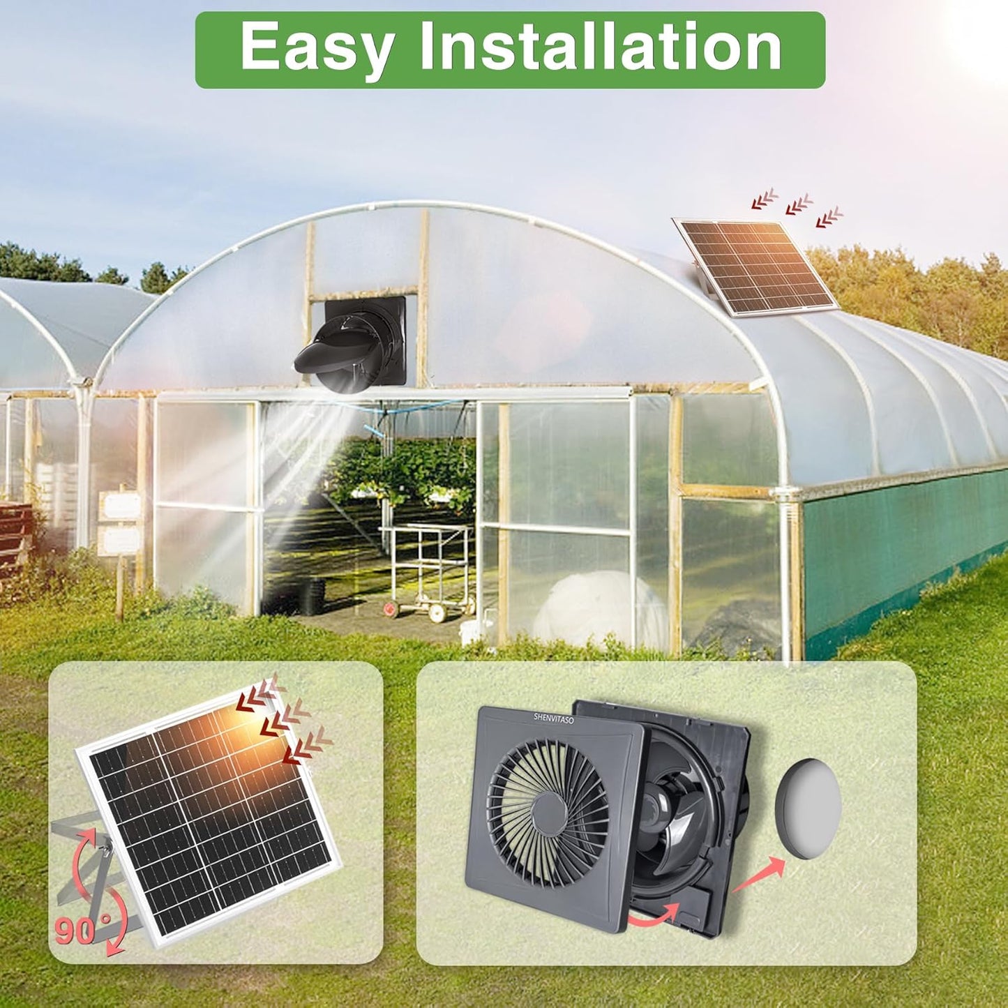 Solar Exhaust Fan, 25W Solar Panel + 8" Ventilation Vent Fan, with Power Adapter, Anti-backflow Valve, High Speed Solar Powered Exhaust Fan with Bracket for Shed, Chicken Coop, Greenhouse, Dog House