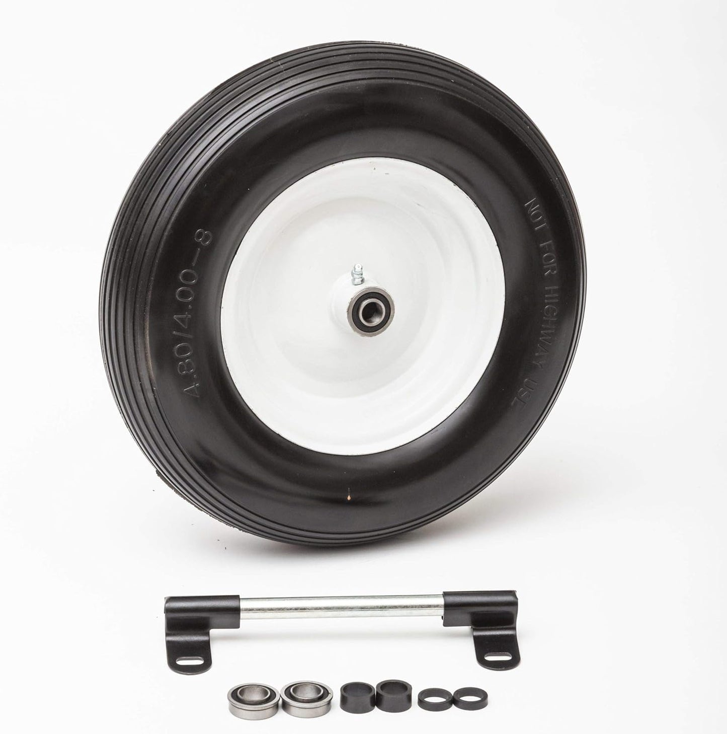 Flat Free Universal Wheelbarrow Replacement Tire | Complete Wheel Assembly | White Rim and Ribbed Tread | 16" Wheel | Adapter Kit Included