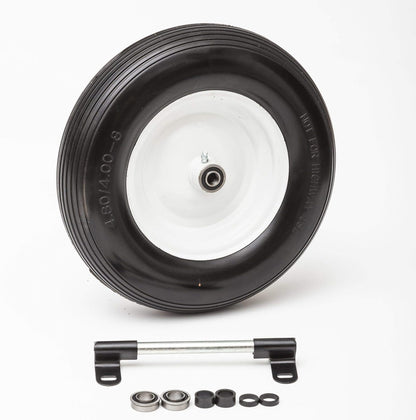 Flat Free Universal Wheelbarrow Replacement Tire | Complete Wheel Assembly | White Rim and Ribbed Tread | 16" Wheel | Adapter Kit Included