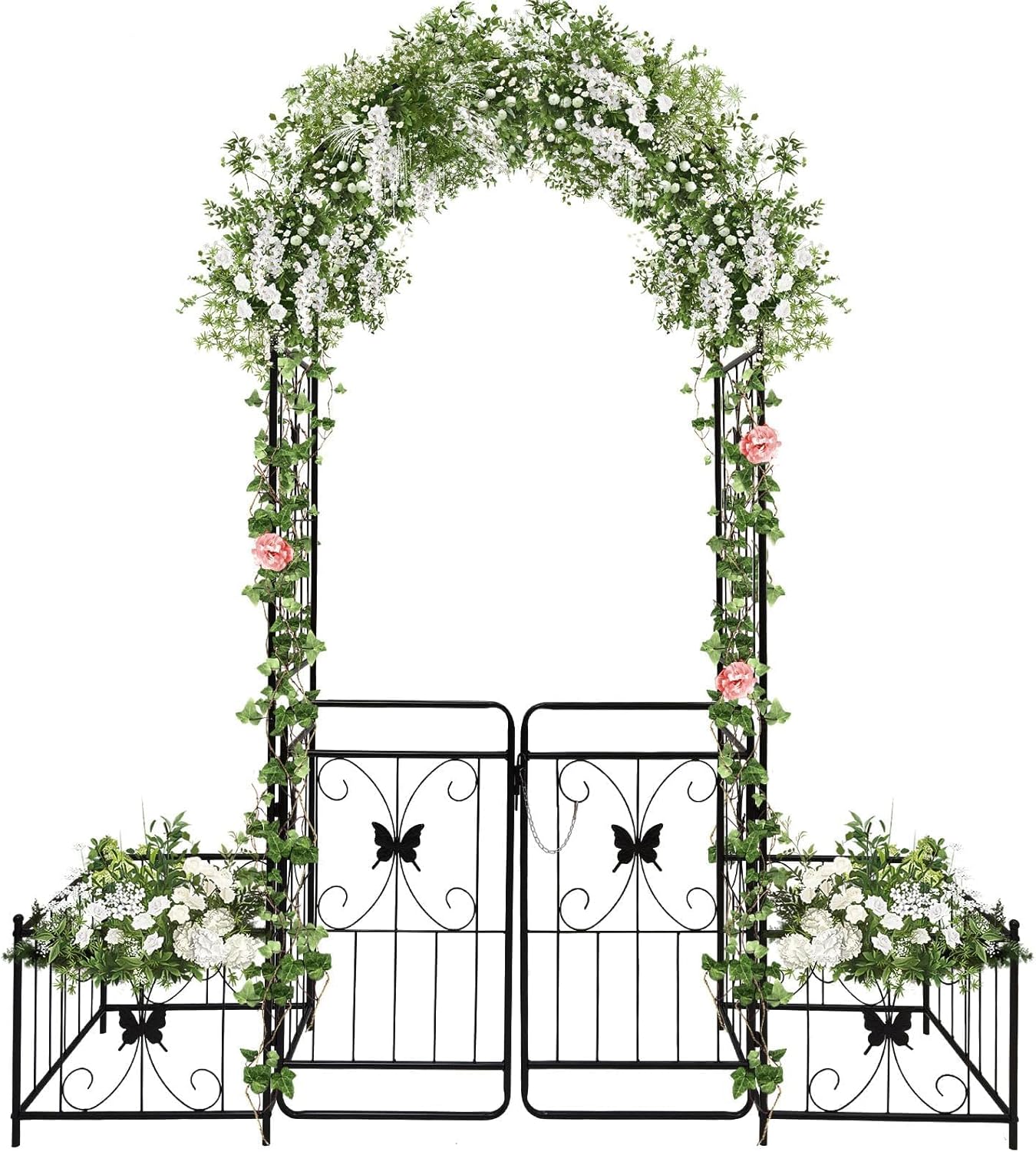 Kalolary Garden Arch with Gate and Plant Box, Heavy Duty Metal Butterfly Garden Arbor for Climbing Plant Raised Bed Rose Vines Climbing Support for Lawn Backyard Patio Outdoor Decor (86.6"x79.8"x20")
