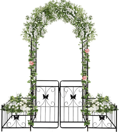 Kalolary Garden Arch with Gate and Plant Box, Heavy Duty Metal Butterfly Garden Arbor for Climbing Plant Raised Bed Rose Vines Climbing Support for Lawn Backyard Patio Outdoor Decor (86.6"x79.8"x20")