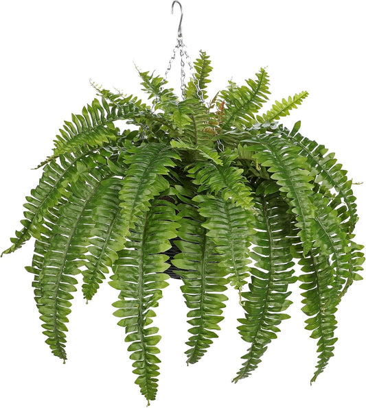 Hollyone 33" Artificial Boston Fern Hanging Basket Large 39 Leaves Fake Ferns in Rattan Pot