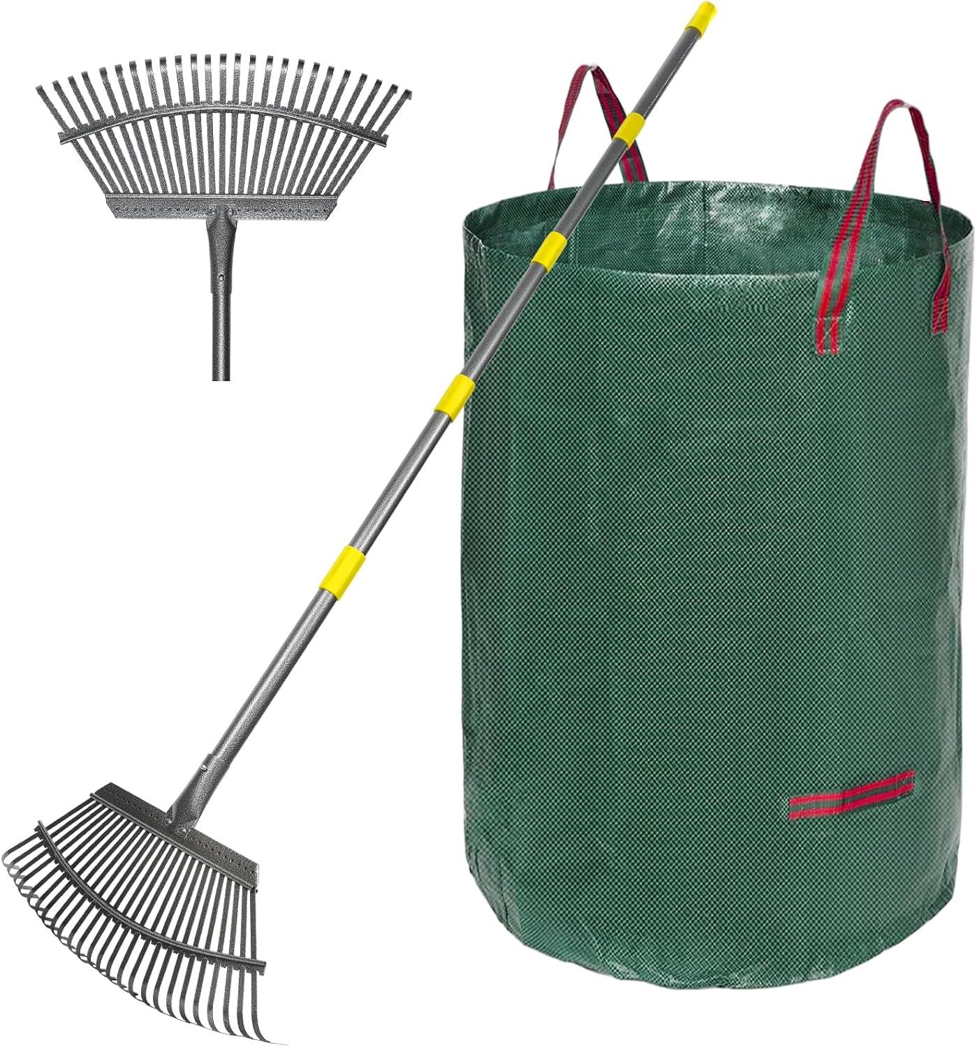 Adjustable Garden Rake for Leaves 36-73" Long Handle, 18" Wide, Heavy Duty with 25 Metal Tines ，Includes 32Gallon Leaf Bags，Designed for Lawns, Grass, Shrubs ，Flower Beds