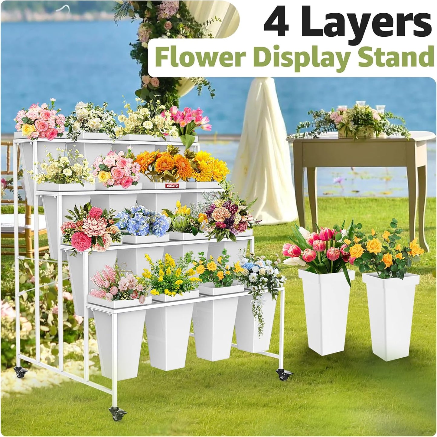 Flower Display Stand 4 Layers with 16 PCS Square Buckets, Plant Stand with Wheels, Movable Metal Plant Stand for Terrace Garden, Living Room, Florist Shop