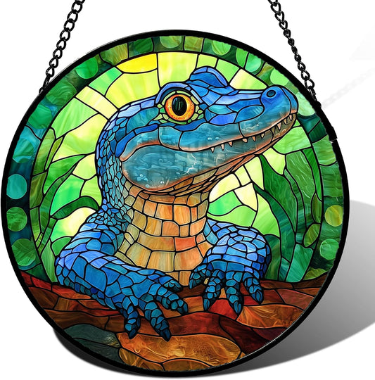 Stained Glass Window Hanging, Blue Alligator Sun Catcher for Window Door Home Decor Green Brown
