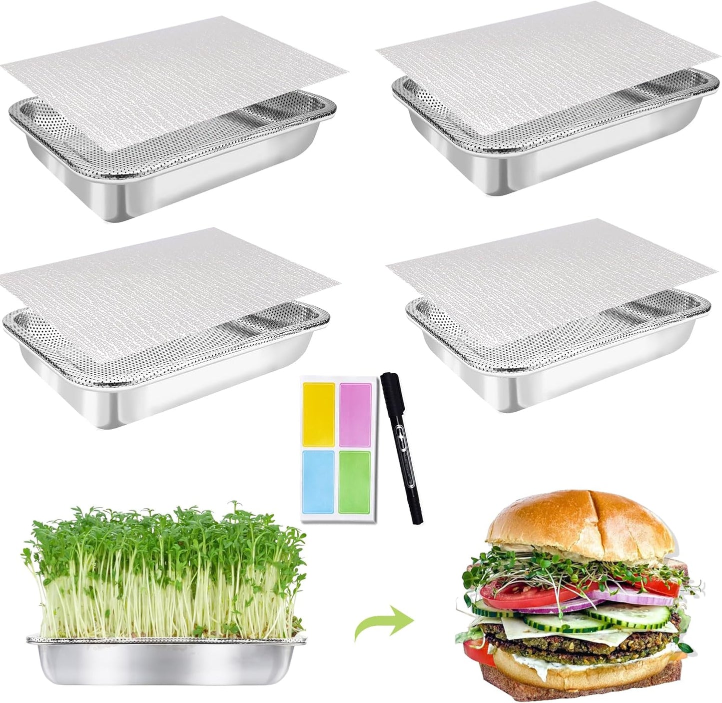 Stainless Steel Sprouts Growing Kit 4-Tier 12.4 inch Trays, Microgreens Growing Kit, Seed Sprouting Tray with Encrypted Mesh Sprouts for Beans Alfalfa Broccoli Wheat Grass