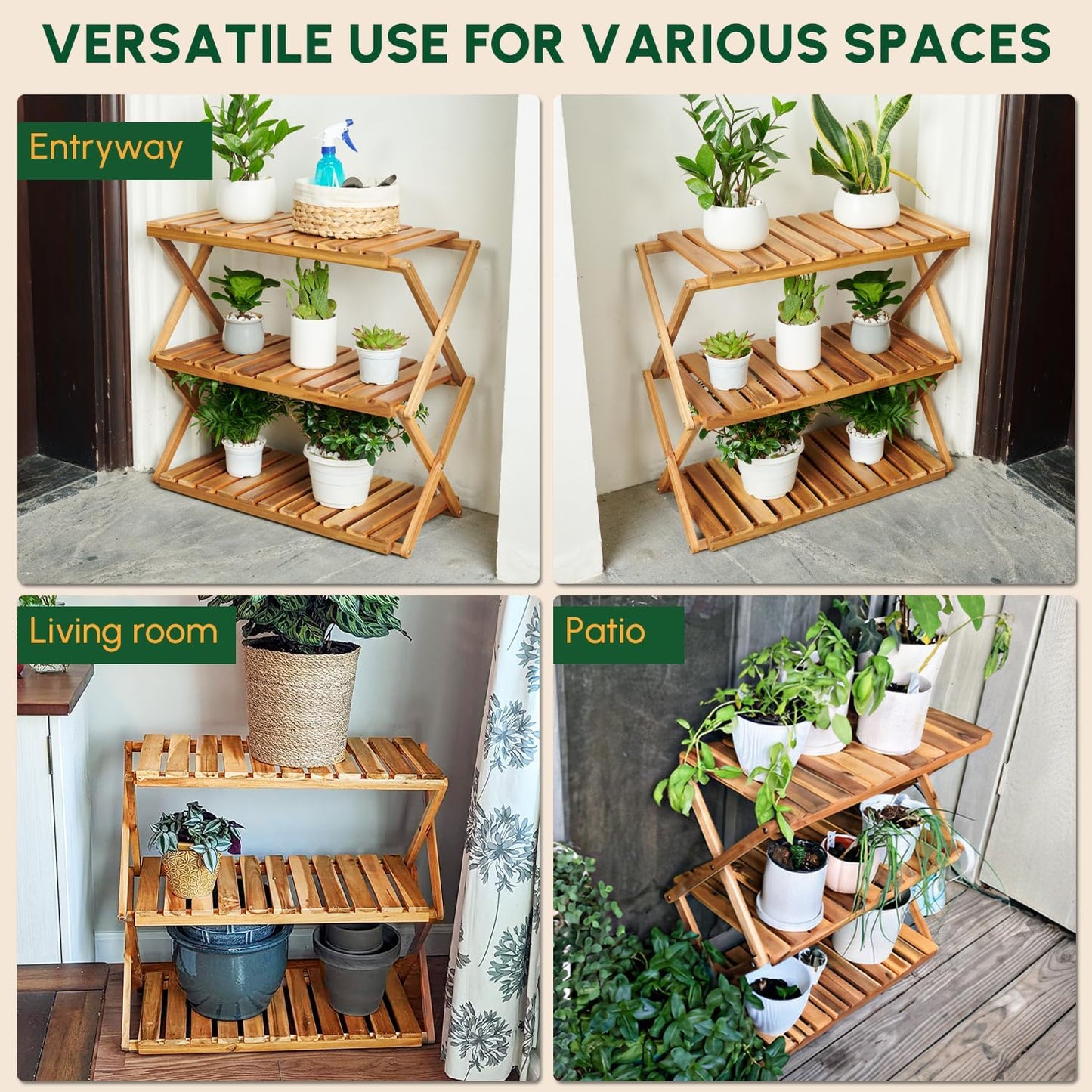 BEEFURNI Acacia Plant Stand Indoor, Wooden Outdoor Planter Stand, 3 Tier Succulent Shelf, Easy Assembly, Patio Balcony Sunroom Decor, Flower Garden Shelf, 1-year Manufacturer Warranty (Natural Wood)