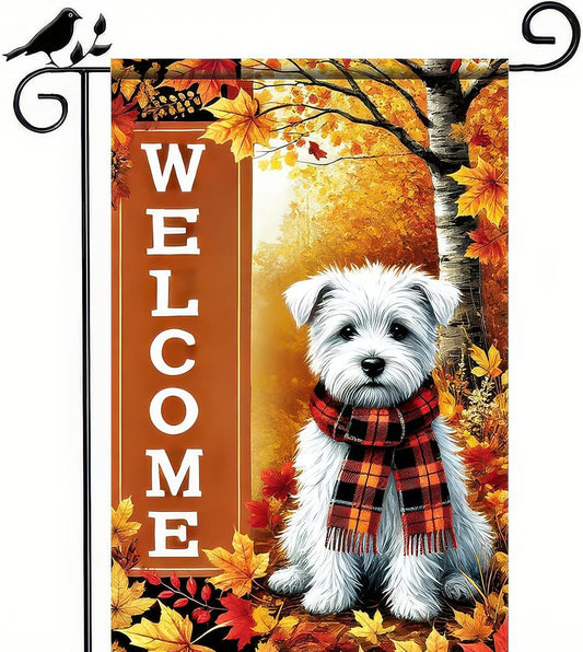 Thanksgiving Fall Garden Flag 12x18 Inch Welcome West Highland White Terrier Dog Outdoor Flag Double Sided Autumn Yard Banner with Plaid Scarf and Leaves Decor for Porch Lawn Patio