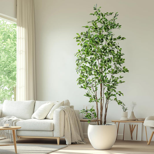 Artificial Ficus Tree Indoor 8ft, Large Potted Faux Tree with Realistic Silk Leaves & Trunk for Home Office, Living Room Corner Decor