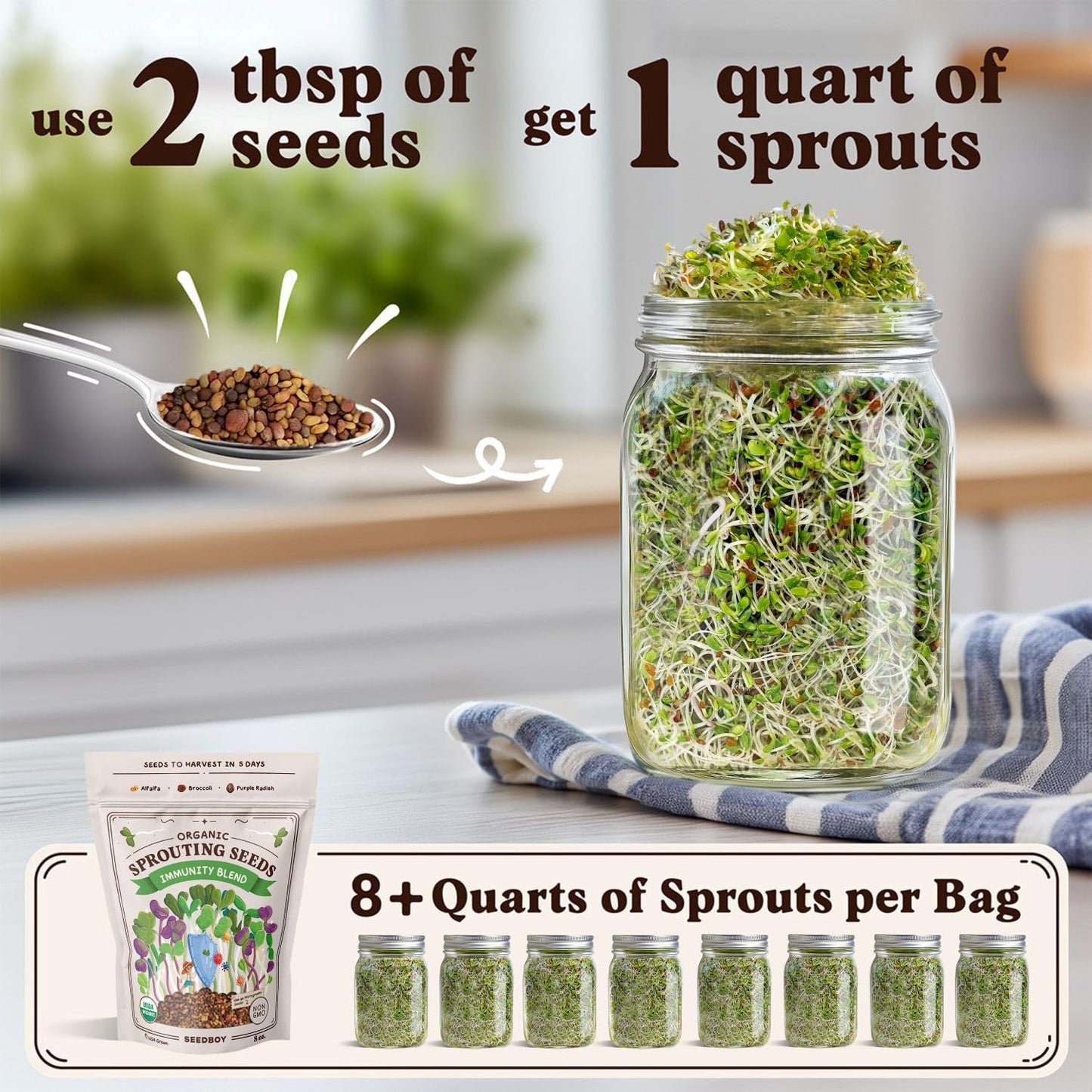 Seedboy Organic Non-GMO Sprouting Seeds, Immune System Booster - USA Grown Microgreens Mix with Broccoli, Purple Radish, Alfalfa - 8 oz Bag Makes 8 Quarts / 24 Servings (Immune System Booster Blend)