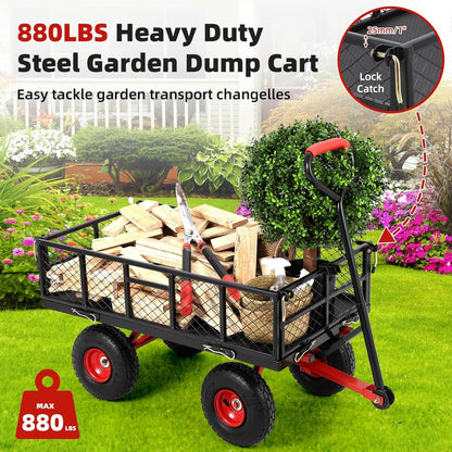 Heavy Duty Steel Garden Dump Cart, 880LBS Meatl Utility Wagon with Removable Sides & 180° Rotating Handle, Utility Dump Cart with 10-Inch All Terrain Wheels for Yard Lawn and Farm