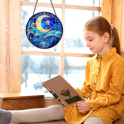 kdqua Moon and Star Suncatcher Stained Glass Window Hanging, Blue Celestial Astronomy Sun Catchers Indoor Window Glass Round Wall Decor, Moon and Stars Wall Art Hanging Decorations Statues, 7.9x7.9in