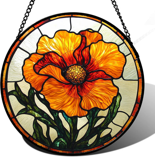 Stained Glass Window Hanging - Orange Poppy Birth Flower Suncatcher for Door Garden Yard Retro Sun