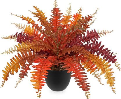 Hollyone Fake Boston Fern in Pot Fall Faux Fern Medium Potted Plant Medium Autumn Decor Plants Outdoor Indoor Autumn Boston Ferns Artificial Plants for Patio Garden Farmhouse Fall Decorations for Home
