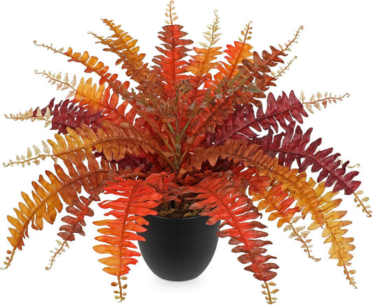 Hollyone Fake Boston Fern in Pot Fall Faux Fern Medium Potted Plant Medium Autumn Decor Plants Outdoor Indoor Autumn Boston Ferns Artificial Plants for Patio Garden Farmhouse Fall Decorations for Home
