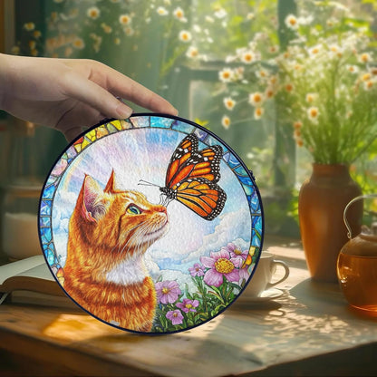 Orange Cat Gifts, Cat Memorial Suncatcher Gift for Loss of Cats, Butterfly Stained Glass Suncatcher Window Hanging Decor for Garden Pet Loss Gift Christmas Birthday Sympathy Gifts for Women Pet Lovers