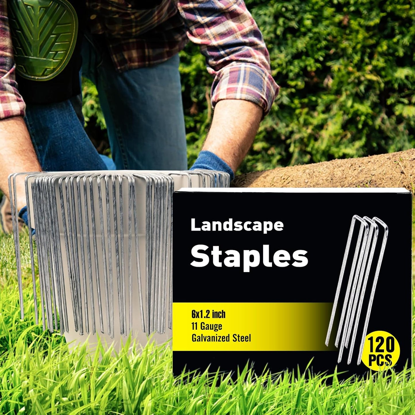 HongWay 120 Pack 6 Inch Landscape Staples 11 Gauge Garden Staples, Galvanized Ground Stakes SOD Pins, Lawn Yard Stakes for Gardening Plant Support Tent Fence Landscaping Fabric Outdoor Decorations