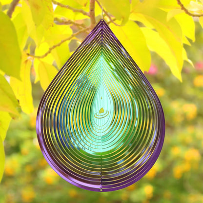 Wind Spinner Garden Indoor Outdoor Decor 3D Stainless Steel Metal Hanging Decorations, 3D Water Droplets Pattern Metal Wind Sculptures & Spinners Whirligig Gifts with 12inch(Green&Purple)
