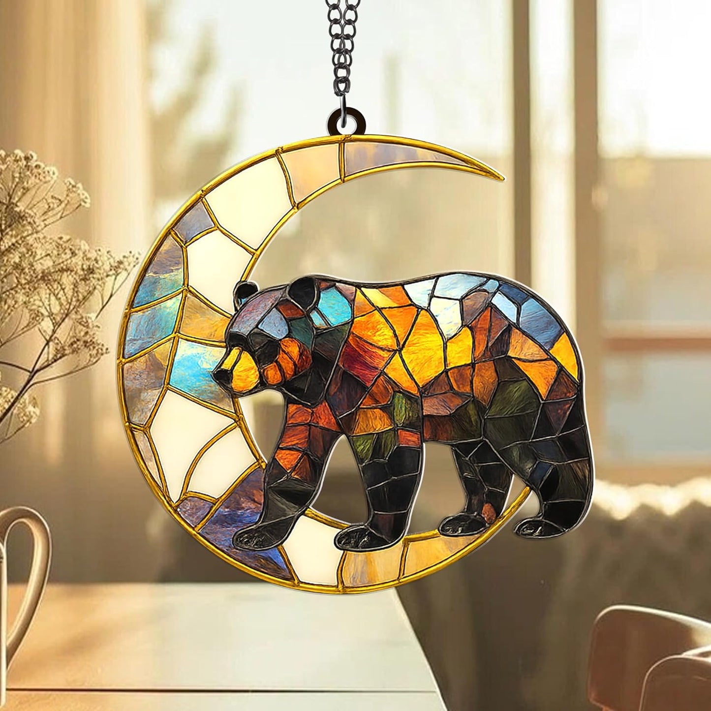 Bear Moon Suncatcher – Style Acrylic Bear Ornament for Window, Nature Wildlife Decor, Rustic Cabin Sun Catcher, Woodland Animal Gift for Nature Lovers (Sun-43)