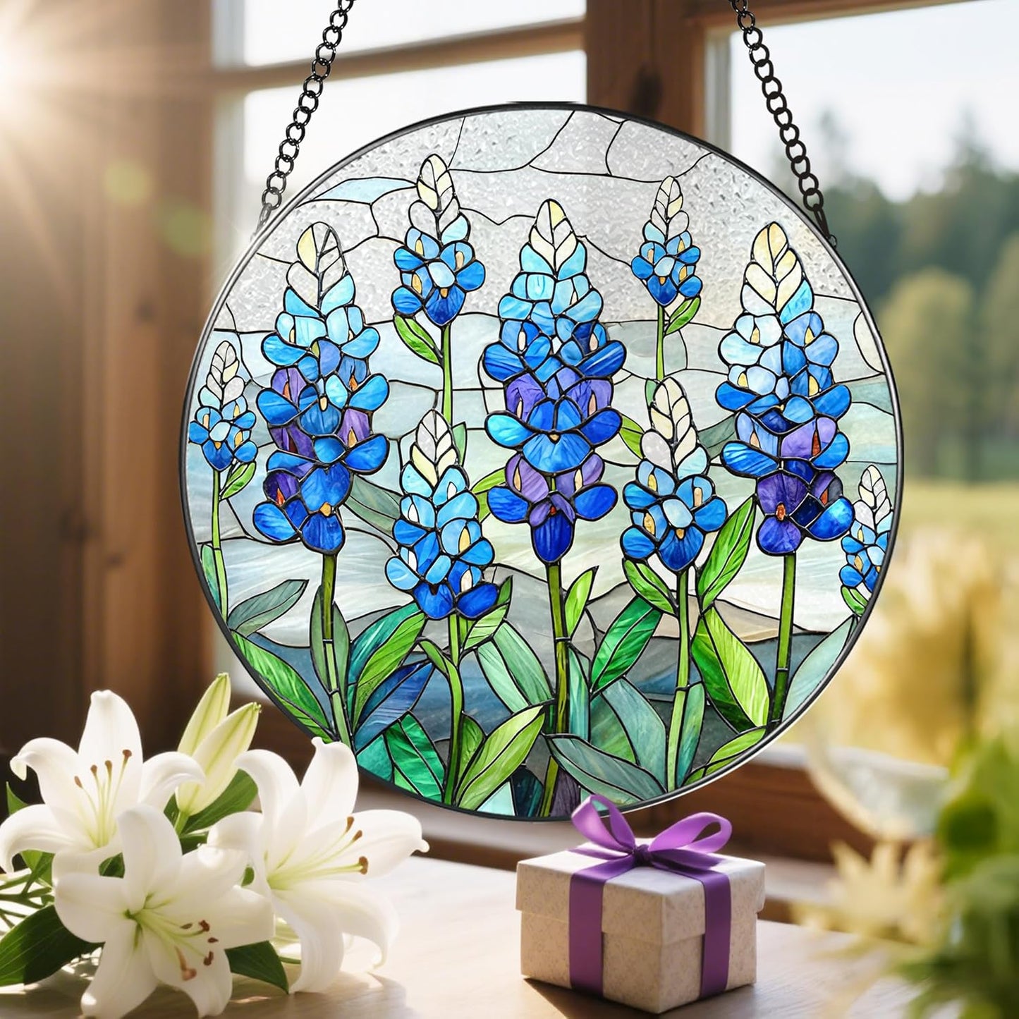 8'' Texas Bluebonnet Sun Catcher Ornament, Stained Glass Window Hanging, Suncatchers for Windows Hanging Ornaments, Window Decor | Flower Lover Gift, Gifts for Mom Grandma