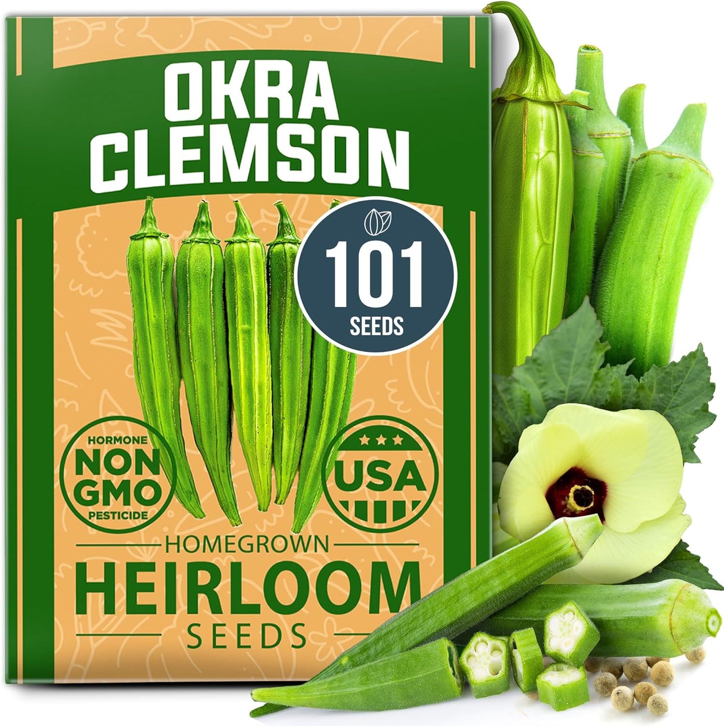 HOME GROWN 𝗨𝗦𝗔 𝗣𝗥𝗘𝗠𝗜𝗨𝗠 Clemson Spineless Okra Seeds 101+ 𝗡𝗢𝗡-𝗚𝗠𝗢 Heirloom Vegetable Seeds for Planting Easy to Grow Outdoor Summer Garden High Germination Rate (Abelmoschus esculentus)