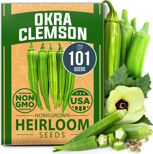 HOME GROWN 𝗨𝗦𝗔 𝗣𝗥𝗘𝗠𝗜𝗨𝗠 Clemson Spineless Okra Seeds 101+ 𝗡𝗢𝗡-𝗚𝗠𝗢 Heirloom Vegetable Seeds for Planting Easy to Grow Outdoor Summer Garden High Germination Rate (Abelmoschus esculentus)
