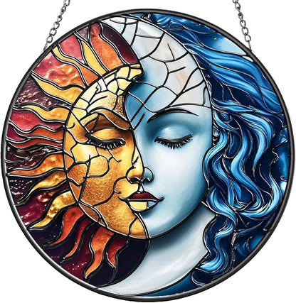Bohemia God of The Sun and Moon Suncatchers for Windows Hanging - 8 in Stained Glass Sun Catchers Indoor Window, Suncatcher Stain Glass Windows Hanging for Home Decor Wall Art, Gifts for Holiday