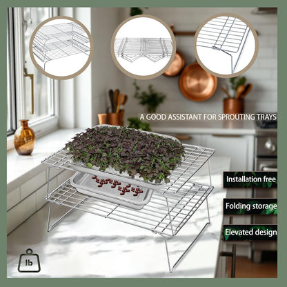 Sprouts Growing Rack 2-Tier 14 inch Shelf, Metal Foldable Plant Stand for Sprouting Tray Indoor, Seed Starting Tray Plant Shelf, Silver Rack for Kitchen Table Top Space Saving