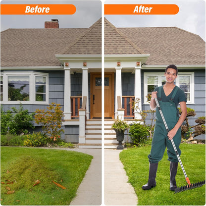 Garden Thatch Rake for Lawn, Heavy Duty Metal Thatching rake with Strong Handle, Wide 15inch Iron Dethatcher Rakes for Yard Leaf & Weed Clean, Soil Loose, Grass Groom