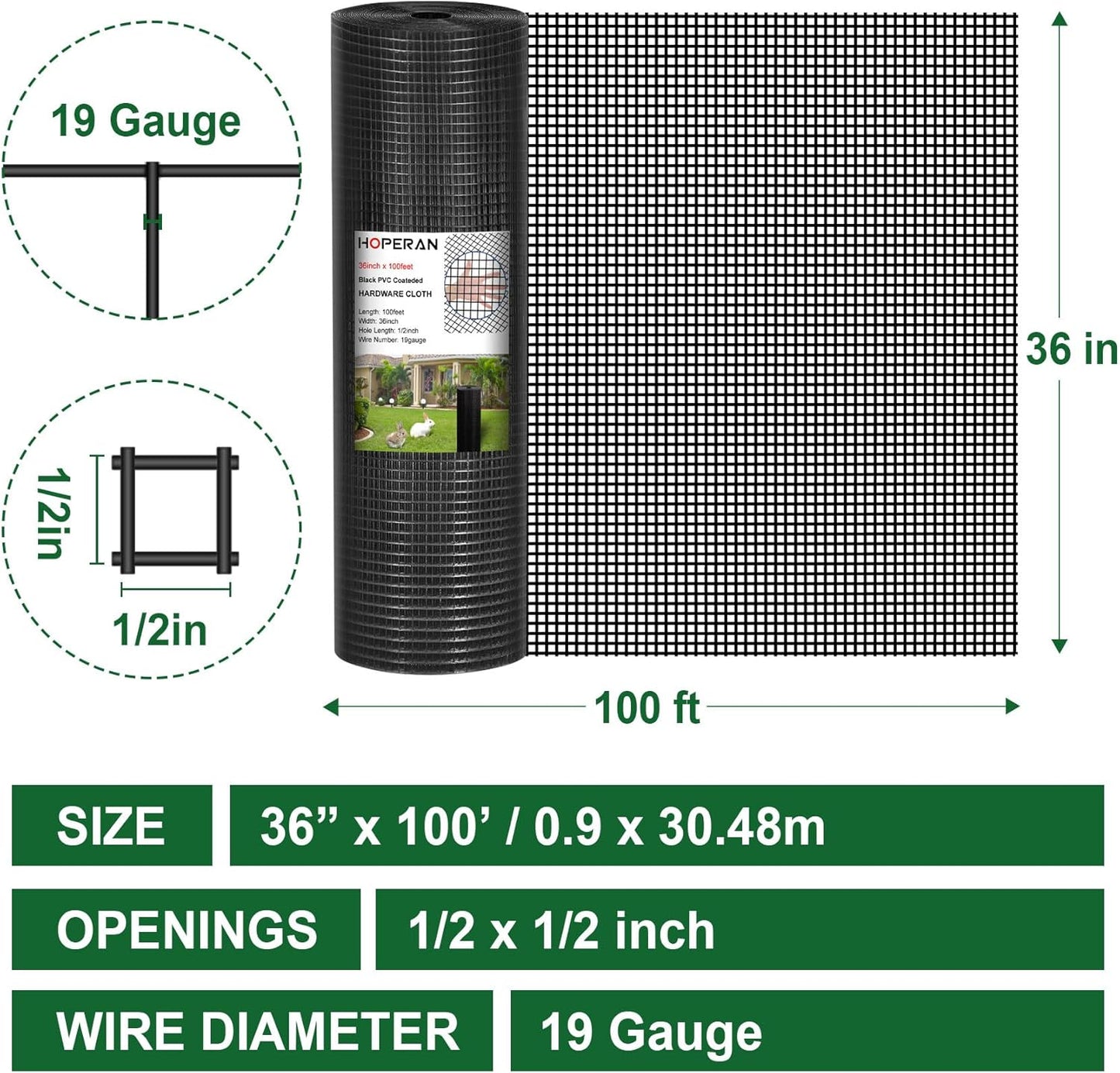 HOPERAN Black Hardware Cloth 1/2 inch 36 x 100 Ft Mesh 19 Gauge PVC Coated Chicken Wire - Vinyl + Galvanized Double Coated Fence - Welded Wire Mesh Roll for Chicken Coop Fencing Garden Fencing