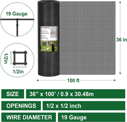 HOPERAN Black Hardware Cloth 1/2 inch 36 x 100 Ft Mesh 19 Gauge PVC Coated Chicken Wire - Vinyl + Galvanized Double Coated Fence - Welded Wire Mesh Roll for Chicken Coop Fencing Garden Fencing