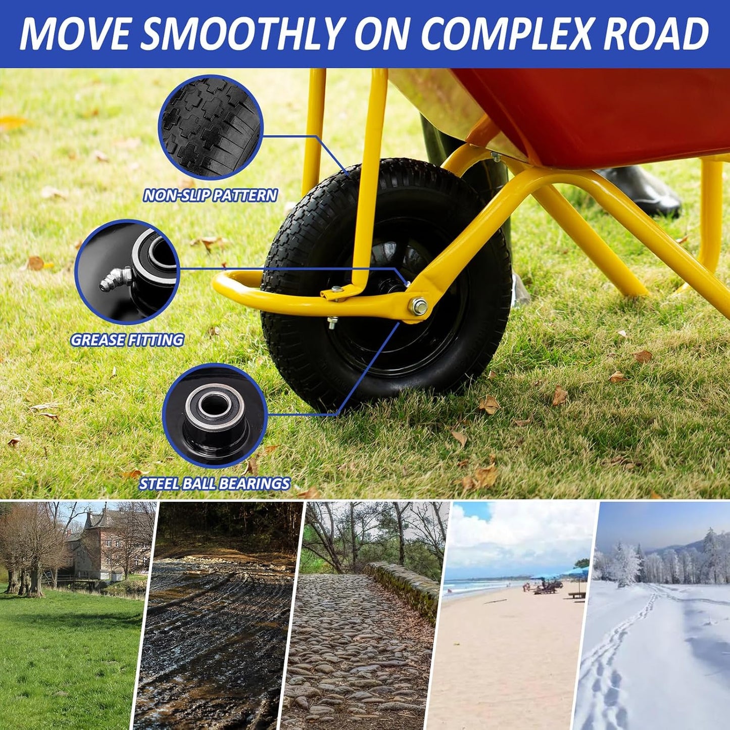 4.80/4.00-8" Flat Free Wheelbarrow Tire, 14.5" Wheel Size, 5/8" Axle Bore, 3" Center Hub, 3/4" Bearings, Universal Replacement Solid Tire for Hand Truck/Cart (Black)