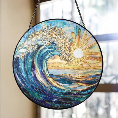 The Ocean Waves and The Sunrise Suncatcher -7.9 in Stained Glass Window Hanging Sun Catcher Garden Decor