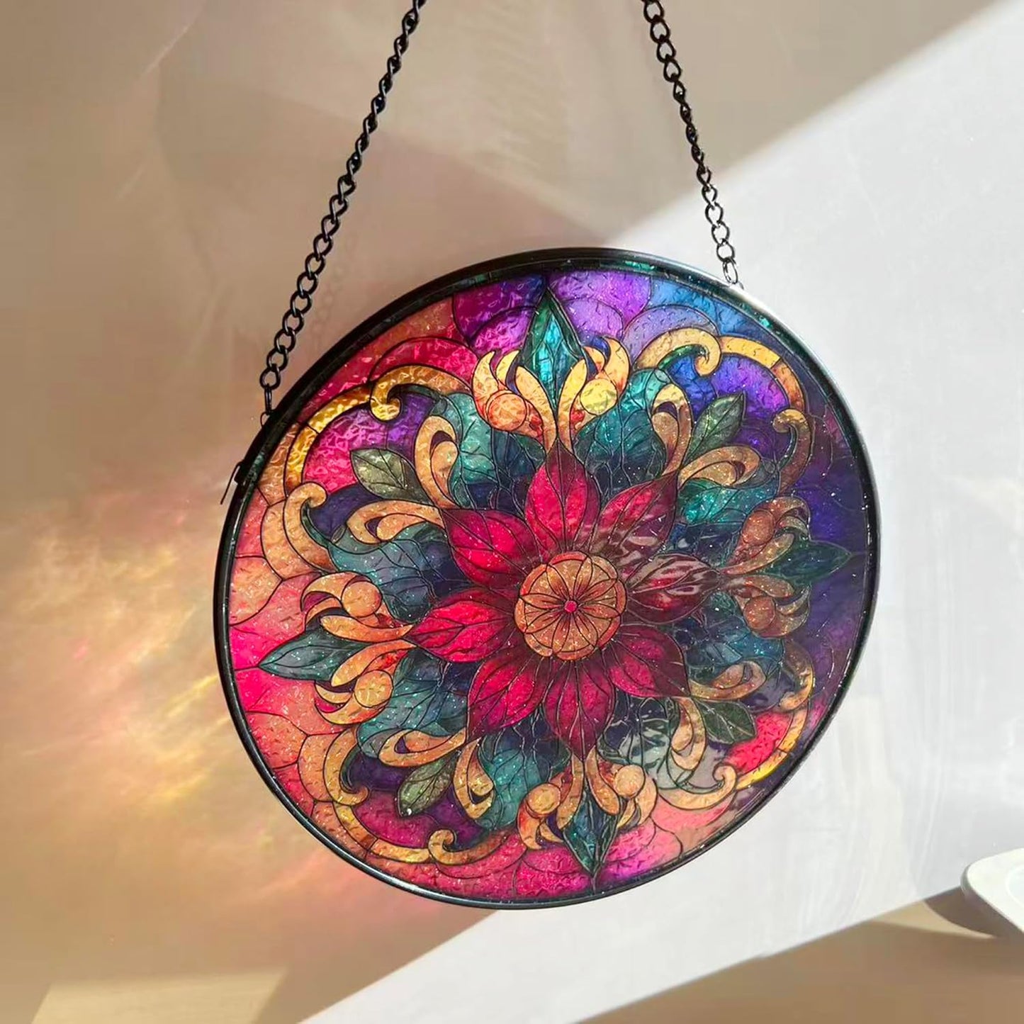 Bohemian Mandala Stained Glass Window Hanging Sun Catcher Indoor Outdoor Home Garden Panel Hangings Gift for Kits Adults (Red)