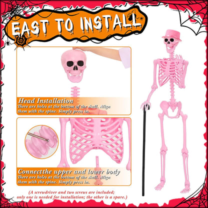 Tellingyou 6 Pcs Halloween Skeleton Decorations, Include 2 Pcs 5.4 ft Pink White Posable Life Size Skeletons, 1 Cane, 1 Tulle Skirt, 1 Hat, 1 Pink Glasses for Halloween Graveyard Haunted Decor