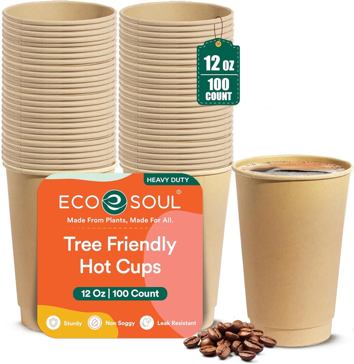 ECO SOUL 100% Compostable Plant-Based 12oz Hot Cups | (100 Count, 12 oz Hot Cups) | Disposable Bagasse Paper Cups | Eco-friendly Cups | Sturdy, Microwave & Oven Safe
