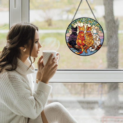 Cat Stained Glass Window Hanging Suncatchers, Cat Mom Lovers Owner Gifts Sun Catchers Indoor Window Glass Wall Art Decor, Cats Wall Hanging Decorations Sculptures, 7.9x7.9in