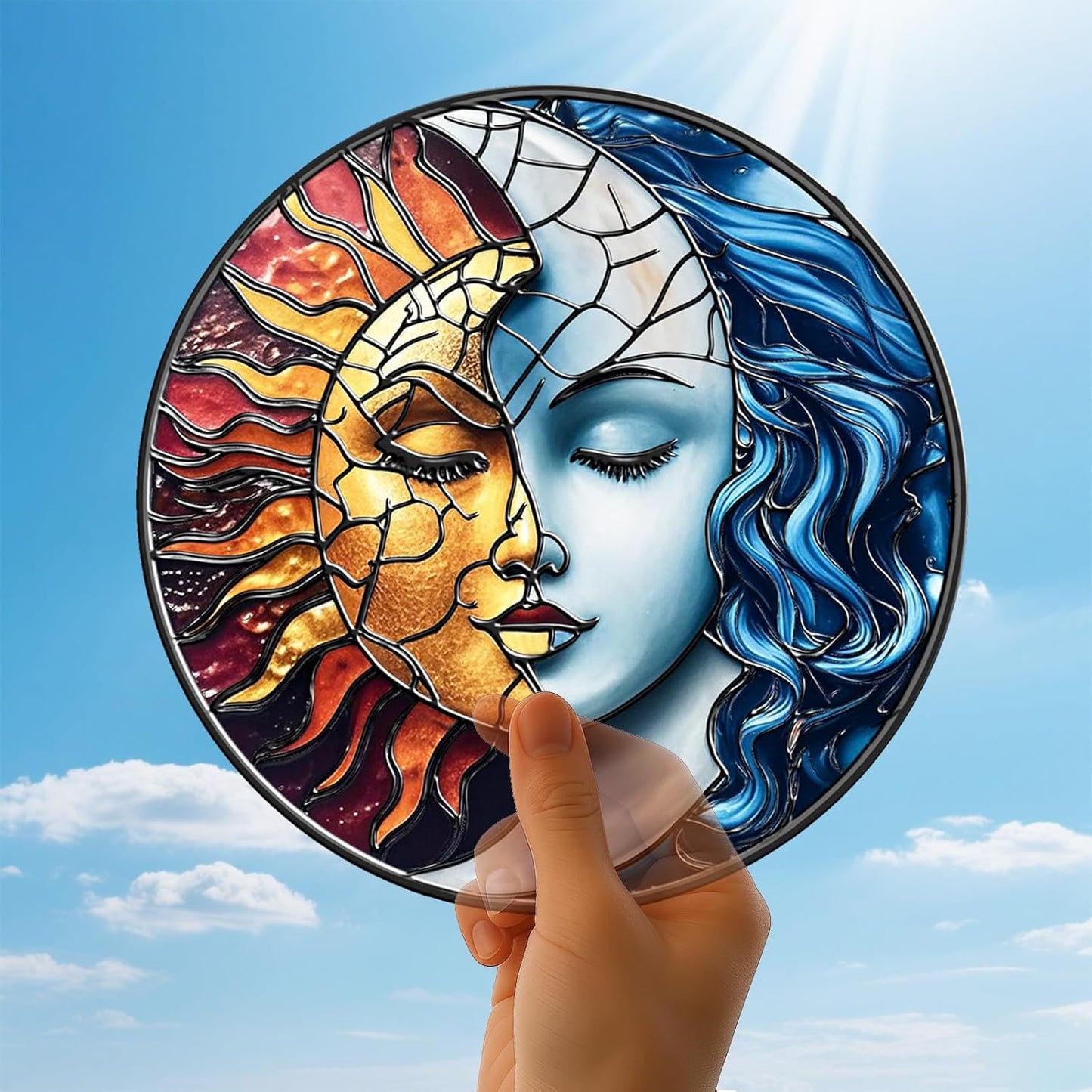Bohemia God of The Sun and Moon Suncatchers for Windows Hanging - 8 in Stained Glass Sun Catchers Indoor Window, Suncatcher Stain Glass Windows Hanging for Home Decor Wall Art, Gifts for Holiday