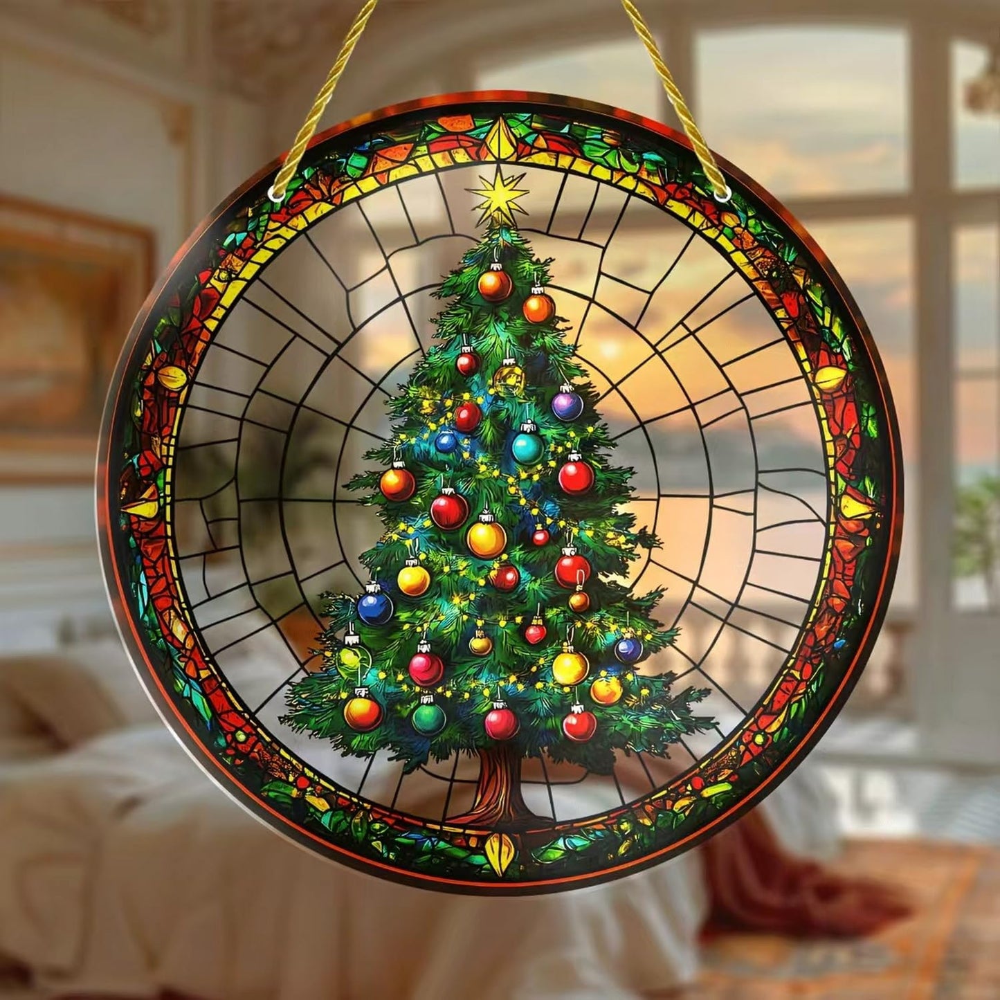7.87inch Christmas Tree Sun Catcher for Window Hanging Round Acrylic Hanging Suncatcher for Garden Decor ，Wall Home, Kitchen, Housewarming Women Neighbor Winter Xmas Decor Gifts