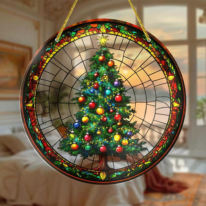 7.87inch Christmas Tree Sun Catcher for Window Hanging Round Acrylic Hanging Suncatcher for Garden Decor ，Wall Home, Kitchen, Housewarming Women Neighbor Winter Xmas Decor Gifts