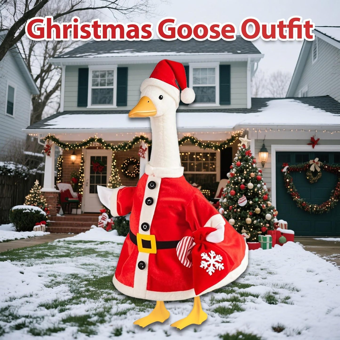 Christmas Santa Porch Goose Outfit for Large 23" High Cement or Plastic Goose Statue, Yard Goose Cloths with Snowflake Gift Bag and Christmas Hat Decor for Outdoor Lawn Gaden Patio