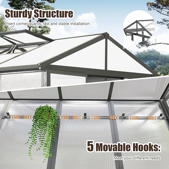 Domi 6.5x8FT Greenhouse, Polycarbonate Green House with Fully Auto Temperature Control Vent, Outdoor Full Aluminum Heavy Duty Greenhouse with Extra 7.8FT Walk-in Height for Garden Backyard, Dark Grey